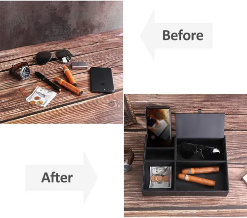 Vista 5 de BEWISHOME Bandeja organizadora de aparador para hombre organizador de mesita de noche para accesorios de joyería fibra de carbono piel sintética