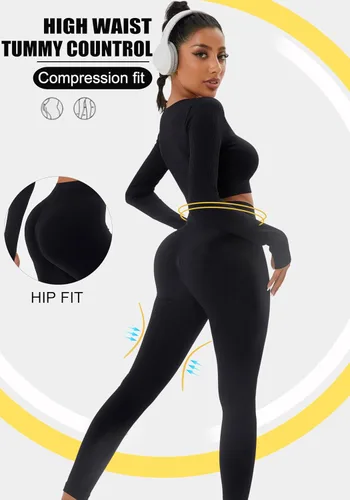 Vista 2 de FINETOO Conjunto de 4 piezas de entrenamiento para mujer, acanalado, sin costuras, manga larga, camiseta deportiva, sin mangas, cintura alta