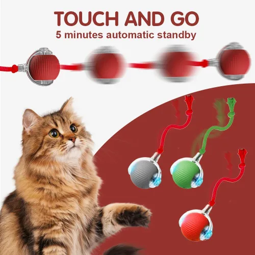 Vista 4 de Juguetes inteligentes para gatos de interior para adultos - Bolas rodantes interactivas con cordón imitación de ratón (Rojo)