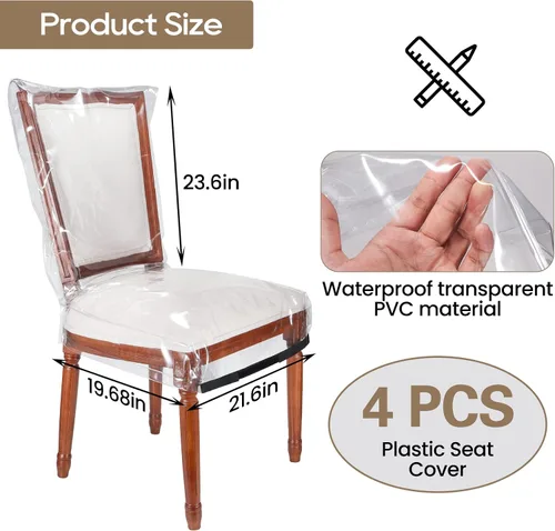 Vista 2 de Paquete de 4 fundas de plástico para sillas de comedor con respaldos, protector de asiento impermeable de PVC transparente para 21 x 19 pulgadas