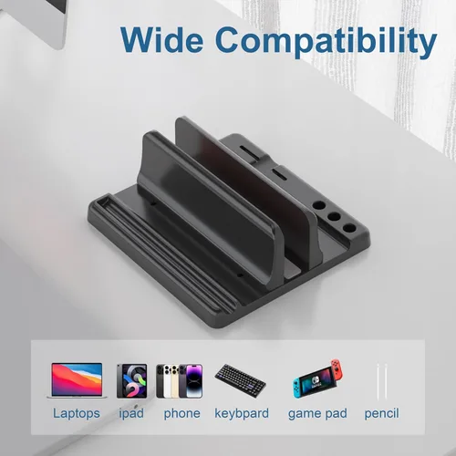 Vista 4 de Soporte vertical para laptop ajustable - Gestionador de escritorio de plástico ABS de ahorro de espacio 3 en 1 compatible con todos los MacBook Pro