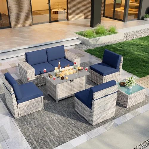 Vista 16 de Juego de muebles de patio de 6 piezas, sofá modular para exteriores con reposabrazos anchos, sofá de grupo de asientos de mimbre con mesa auxiliar