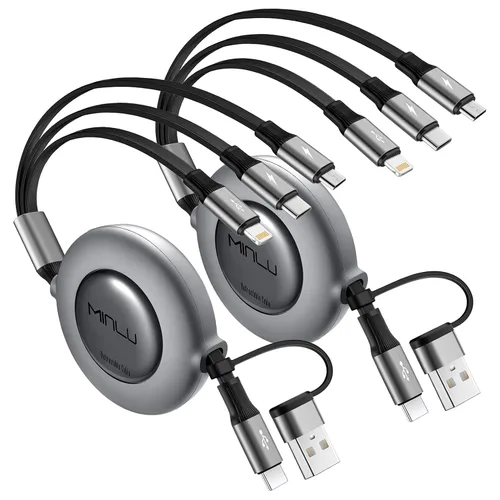 Vista 8 de MINLU Paquete de 2 cables USB tipo C a Lightning de 4 pies, cargador retráctil para iPhone de carga rápida para automóvil retráctil, cable USBC