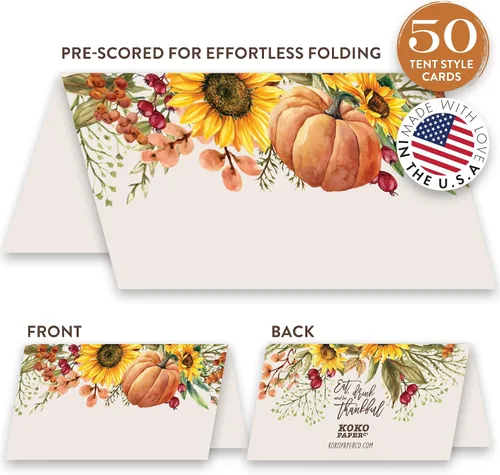 Vista 2 de Koko Paper Co Tarjetas de lugar de Acción de Gracias con calabaza y girasoles (50 unidades) 50 tarjetas de nombre estilo tienda de campaña