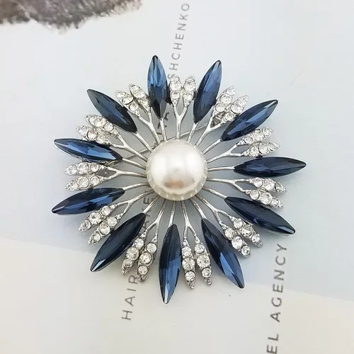 Vista 3 de SELOVO Broche de flor azul Crysal Simulated Pearl Silver Tone, Cristal, Cristal