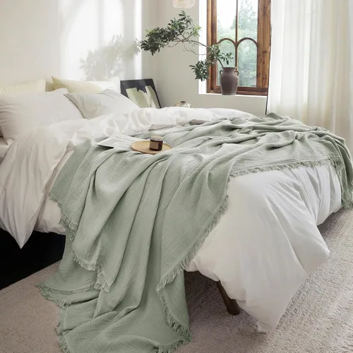 Vista 89 de FOSSA Manta de Muselina con Flecos - Gasa de Algodón 100% de 4 Capas Súper Suave y Transpirable - Manta Decorativa Ligera y Refrescante para Cama