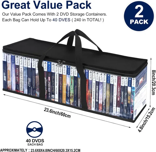 Vista 4 de Bolsas de almacenamiento de DVD CCidea (Set de 2) Funda de PVC transparente con asas para cajas de DVDs/CDs/VHS/Blu Ray/Películas/Videojuegos - Cada
