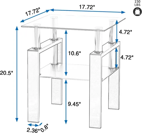Vista 2 de Mesa auxiliar moderna de vidrio templado, mesa de centro cuadrada para sala de estar, mesa de té de cristal, mesa auxiliar de sofá (negro, 1 unidad)