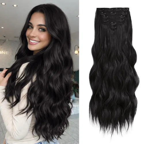 Vista 22 de NAYOO - Extensiones de cabello con clip, extensiones sintéticas onduladas de 20 pulgadas, 6 unidades Wavy Curly Hair, Full Head Coverage, Heat