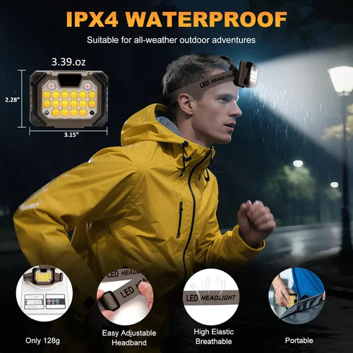 Vista 6 de Linterna frontal LED recargable con batería para casco, 5 modos de luz, 1000 lúmenes, USB-C, impermeable, brillante, exterior, camping, esencial