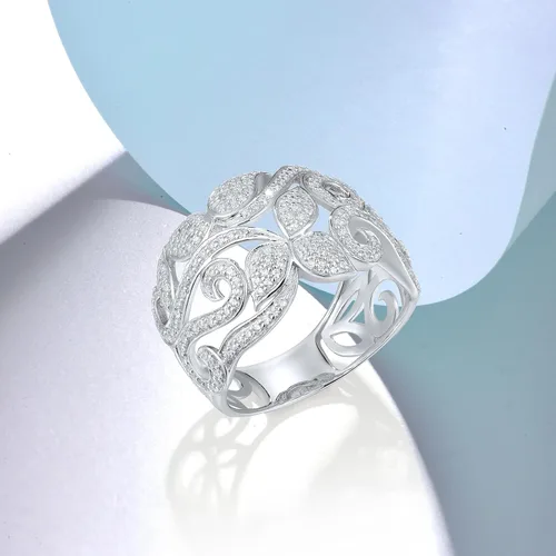 Vista 3 de Santuzza Anillo de plata de ley 925 con patrón de vid y hojas de circonita cúbica blanca para mujer