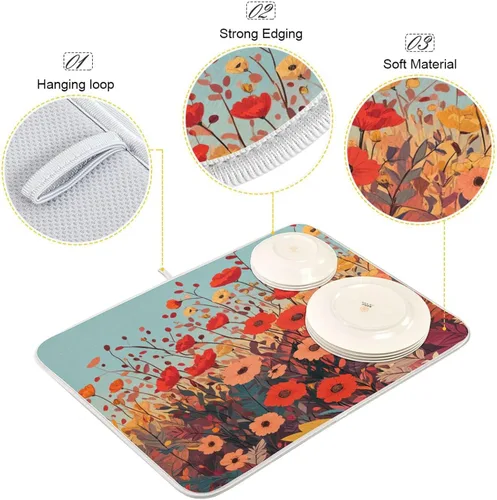 Vista 3 de Tapete de secado de platos de primavera naranja con flor de amapola para encimera de cocina, tapete escurridor absorbente de microfibra, tapete
