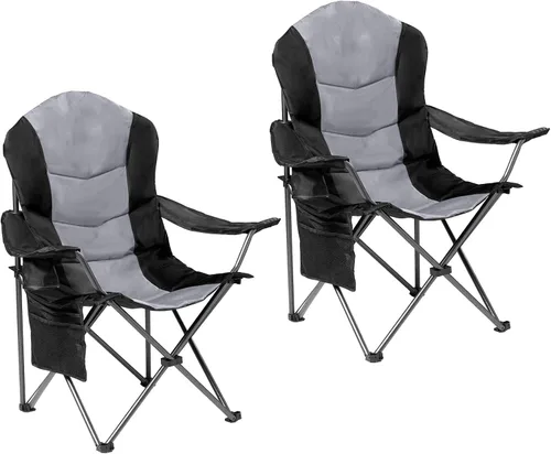 Vista 15 de Sillas plegables de camping para adultos, sillas de césped acolchadas con respaldo alto para exteriores con soporte lumbar y soporte para tazas