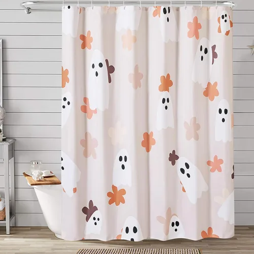 Vista 2 de Juego de cortina de ducha de baño con fantasmas florales con ganchos, cortinas de ducha de tela resistente de 180 GSM, 72 x 72 pulgadas, bonita