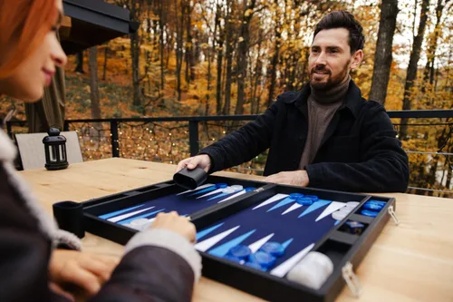Vista 9 de Pointworks Juego de Backgammon Premium de 19 Pulgadas para Adultos de Cuero Negro - Azul. Juego de Fichas y Dados Premium de 1.6 Pulgadas, Juego