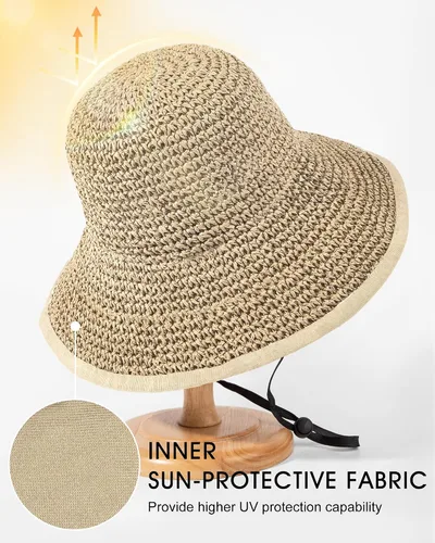 Vista 2 de Sombreros de sol para mujer, sombrero de pescador de paja de ala ancha de Beige