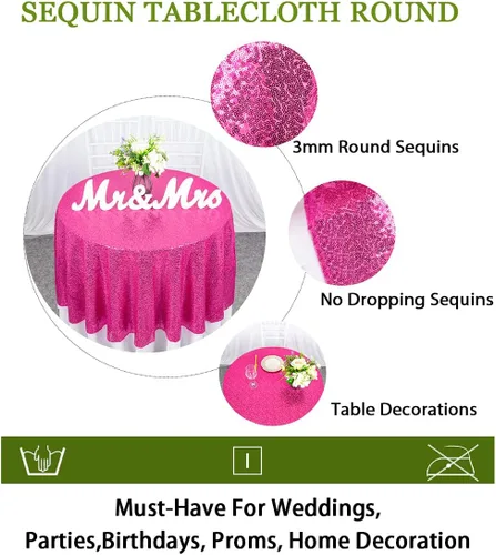 Vista 6 de ShinyBeauty Mantel de lentejuelas rosa intenso, superposición redonda brillante de 120 pulgadas para decoración de bodas, fiestas de cumpleaños