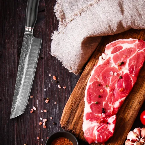 Vista 5 de Wakoli EBO BBQ Hamokiri - Cuchillo de carnicero de damasco de 7.9 pulgadas Acero con núcleo VG10 de 67 capas Mango de madera de roble oscuro