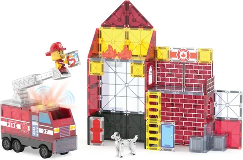 Vista 6 de MAGNA-TILES Fire Station - Juego de construcción magnética de 50 piezas, la marca original de construcción magnética