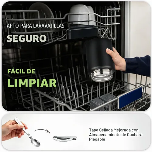 Vista 5 de Tarro de comida aislado de 16oz con cuchara, acero inoxidable, negro 16oz-Negro