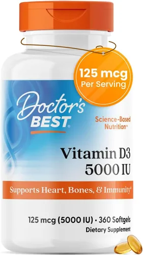 Vista 9 de Doctor's Best Vitamina D3 5000UI, sin OGM, sin gluten y soja, regula la función inmunitaria, favorece huesos saludables, blanco, sin sabor, 180
