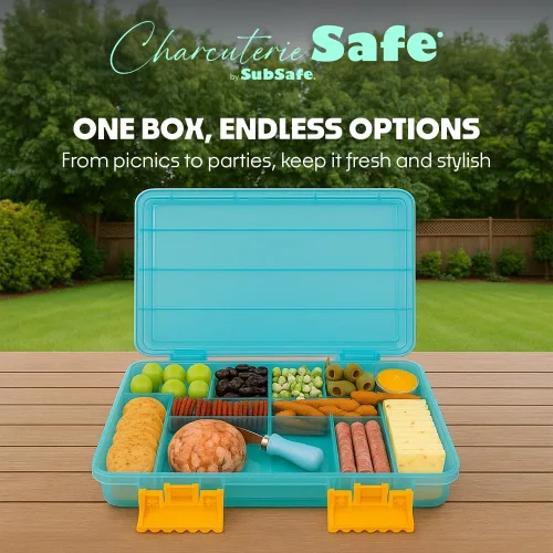 Vista 7 de SubSafe Caja fuerte para charcutería, sin BPA, tabla de embutidos segura para alimentos con tapa y asa, organizador portátil de bandeja