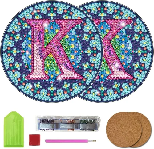 Vista 14 de Bysincy Juego de 2 posavasos de pintura de diamantes de 26 letras A-Z, 5D, arte de diamante, mosaico, alfabeto, kit por número para adultos y niños