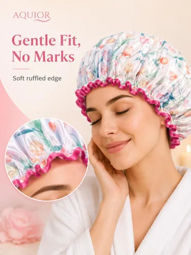 Vista 4 de Aquior Gorro de ducha para mujer, impermeable, reutilizable, con elástico suave, tamaño grande para cabello largo, bonito gorro de baño para ducha