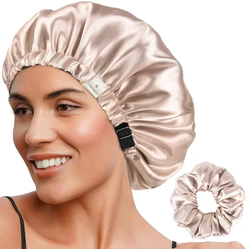Vista 7 de YANIBEST Gorro de Satén Ajustable de Doble Capa Gorro de Cabello para Dormir, Gorros para Mujeres, Gorros para Cabello Natural Rizado, Gris Ceniza