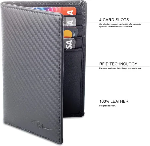Vista 2 de Tressario - Cartera minimalista delgada para hombre con clip para dinero, bloqueo RFID, bolsillo en el pecho, caja de regalo de piel, Fibra
