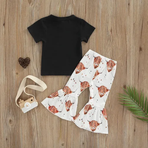 Vista 14 de fhutpw Conjunto de camiseta de manga corta con estampado de vaca y pantalones acampanados de dibujos animados para niñas