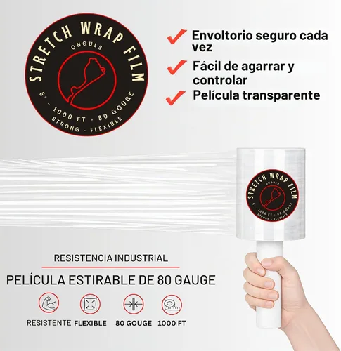 Vista 2 de Película elástica/envoltura resistente de calibre 67 de 5 pulgadas x 1000 pies, película elástica 500% con mango fácil de usar, envoltura