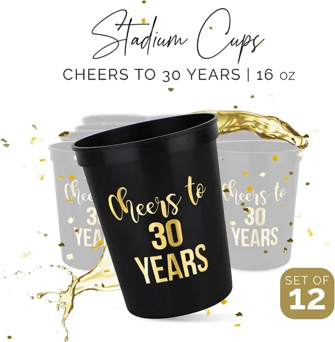 Vista 2 de Copas de plástico reutilizables para estadios de 30 años, 16 onzas, 12 unidades, recuerdos de fiesta de 30 cumpleaños y decoración de mesa para ella
