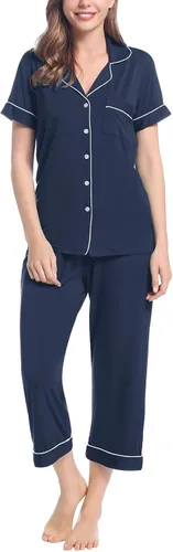Vista 2 de Joyaria Conjunto de pijama capri para mujer, pijama de viscosa de bambú, pijama de manga corta con botones