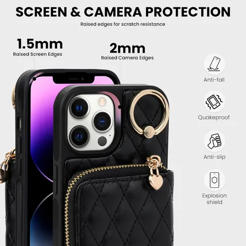 Vista 5 de Funda para iPhone 12 Pro/iPhone 12 de 6.1 pulgadas, cartera cruzada con cremallera para mujer, tarjetero con bloqueo RFID, funda de cuero con Negro