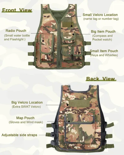 Vista 3 de SATINIOR Chaleco táctico para niños, chaleco de combate del ejército al aire libre con medio dedo, guantes cortos transpirables