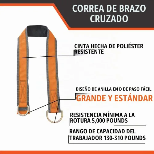 Vista 4 de Correa de Seguridad de Protección contra Caídas de Brazo Transversal de 4', Cumple con OSHA/ANSI - Anillo en D, Viga, Viga en I y Anclaje de Viga