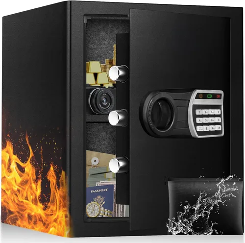 Vista 10 de Caja fuerte de 1.6 pies cúbicos, caja fuerte para el hogar con bolsa impermeable ignífuga, caja de seguridad antirrobo con teclado digital, sistema