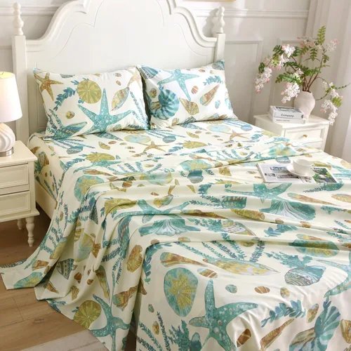 Vista 4 de ABREEZE Juego de sábanas de 4 piezas con temática de playa, 100% algodón, ropa de cama costera súper suave, color blanco, verde azulado, conchas