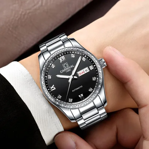 Vista 4 de Par de relojes de diamantes automáticos de acero inoxidable impermeable reloj de cristal de Swarovski para él y ella de 2