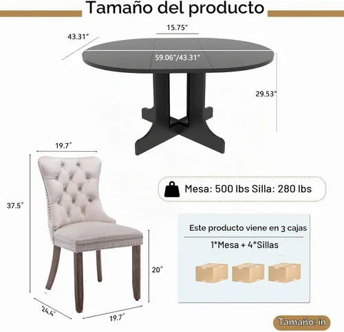Vista 5 de Henf Juego de 5 mesas de comedor redondas extensibles para 4, mesa de cocina ovalada de madera de 43 a 59 pulgadas con 4 sillas, mesas de comedor