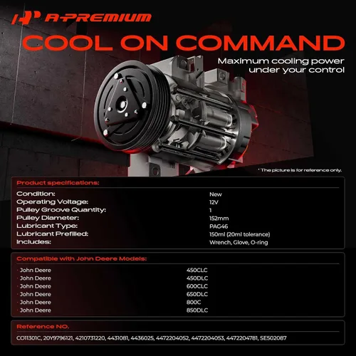 Vista 2 de A-Premium Compresor de A/C con embrague compatible con John Deere 450CLC, 450DLC, 600CLC, 650DLC, 800C, 850DLC