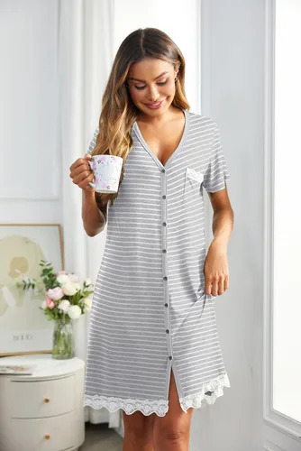 Vista 3 de Ekouaer Camisones a rayas con botones para mujer, camisones de manga corta