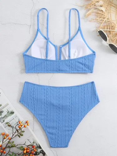 Vista 4 de HYTENSUN Bikini de cintura alta con corte en V para mujer, traje de baño de dos piezas