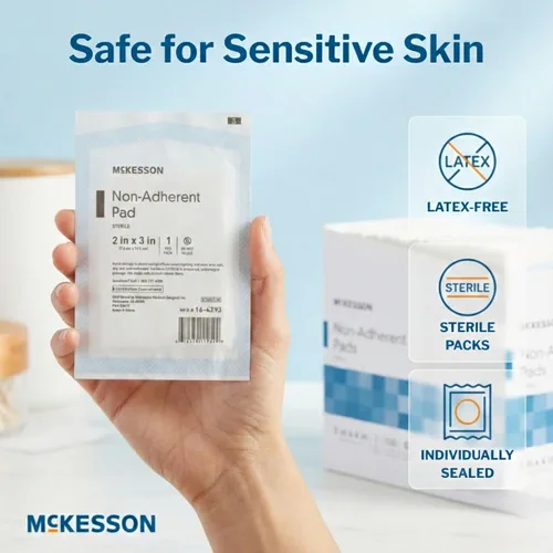 Vista 5 de McKesson, compresas no adherentes, estériles, Nylon/Poliéster, 2 x 3 pulgadas, 100 unidades, 1 paquete Altamente absorbente, eliminación indolora