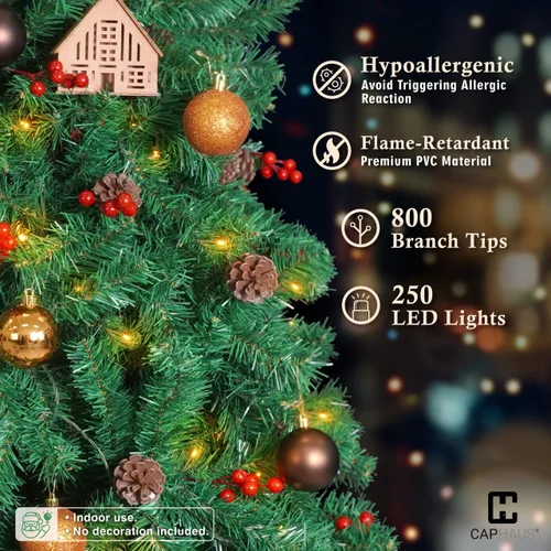 Vista 4 de Fencer Wire Árbol de Navidad artificial preiluminado de alta calidad de 6 pies con 800 puntas de ramas prearticuladas y soporte plegable, 250 luces