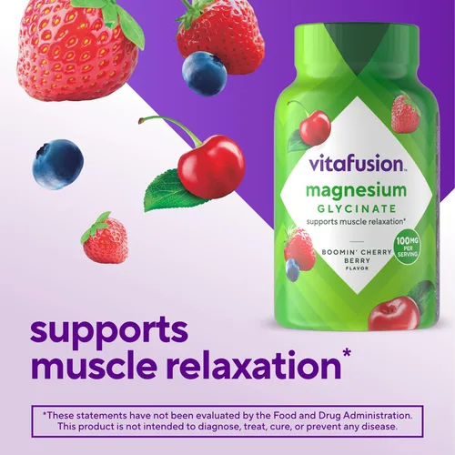 Vista 2 de vitafusion Suplemento de goma de glicinato de magnesio, 100 mg por porción apoya la relajación muscular (1) para mujeres y hombres adultos, sabor a