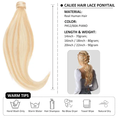Vista 2 de Caliee Extensión de cabello humano de 14 pulgadas de largo, con reflejos P12/60A, color marrón dorado con rubio platino, extensión de cabello 100%