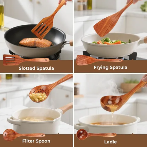 Vista 6 de Juego de utensilios de cocina de madera de teca natural - 4 piezas de cucharas de madera para cocinar con cucharón, espátula y cuchara ranurada