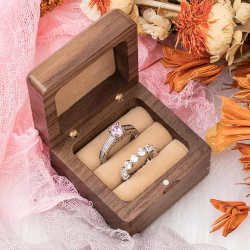 Vista 4 de KWOOD Caja de anillo de boda personalizada, Caja de anillo de madera, Caja cuadrada de anillo doble, Caja de anillo de compromiso, Soporte de caja